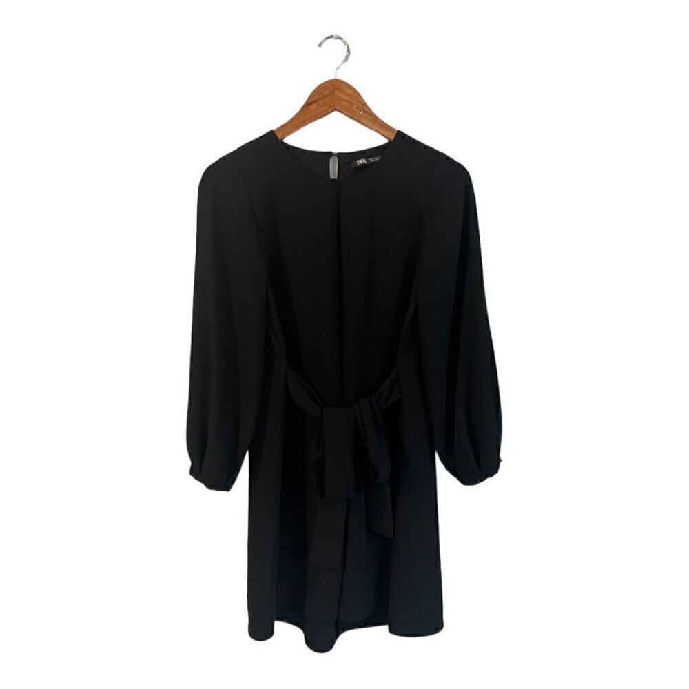 ZARA Black Dress Size Small Attached Belt Shift Oversize Knee Length